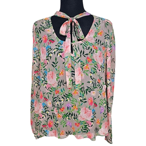 Ecru Silk Floral Prairie Cottagecore Tie Neck Flowy Romantic Sheer Top Medium - Picture 1 of 12